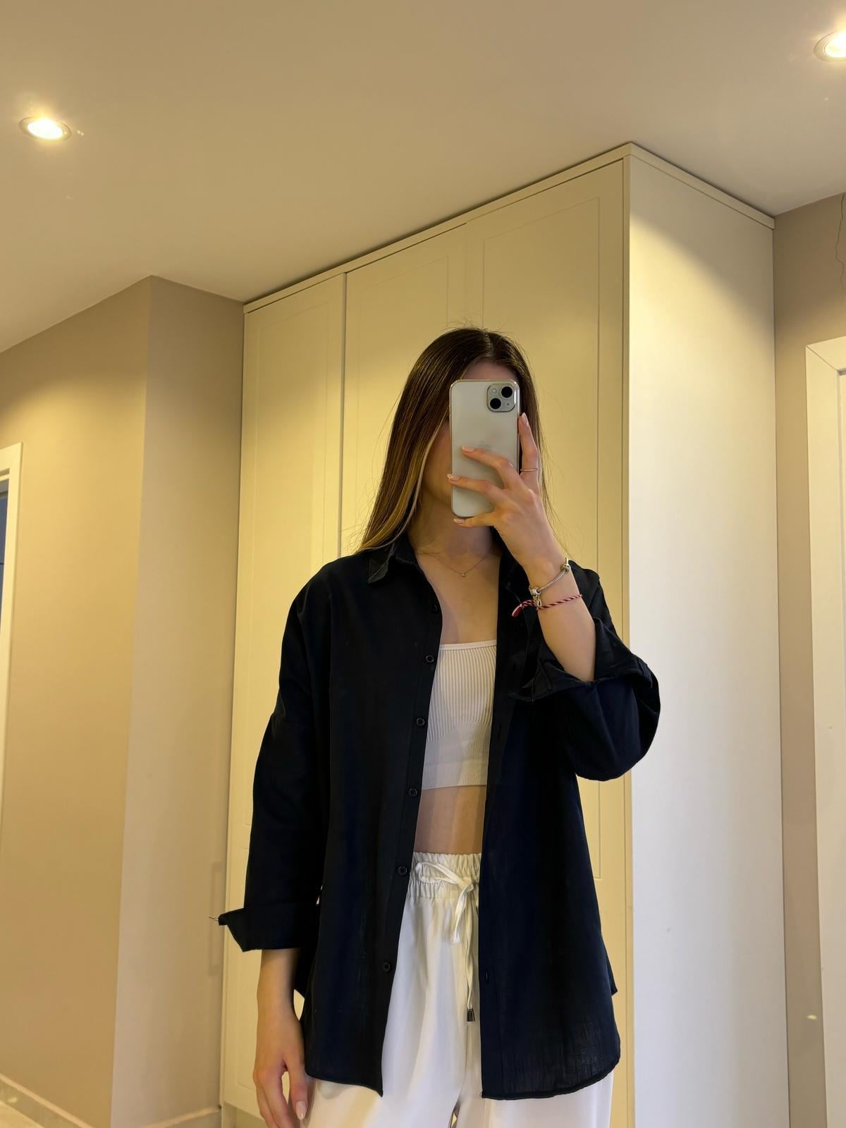 Lacivert Oversize Keten Gömlek