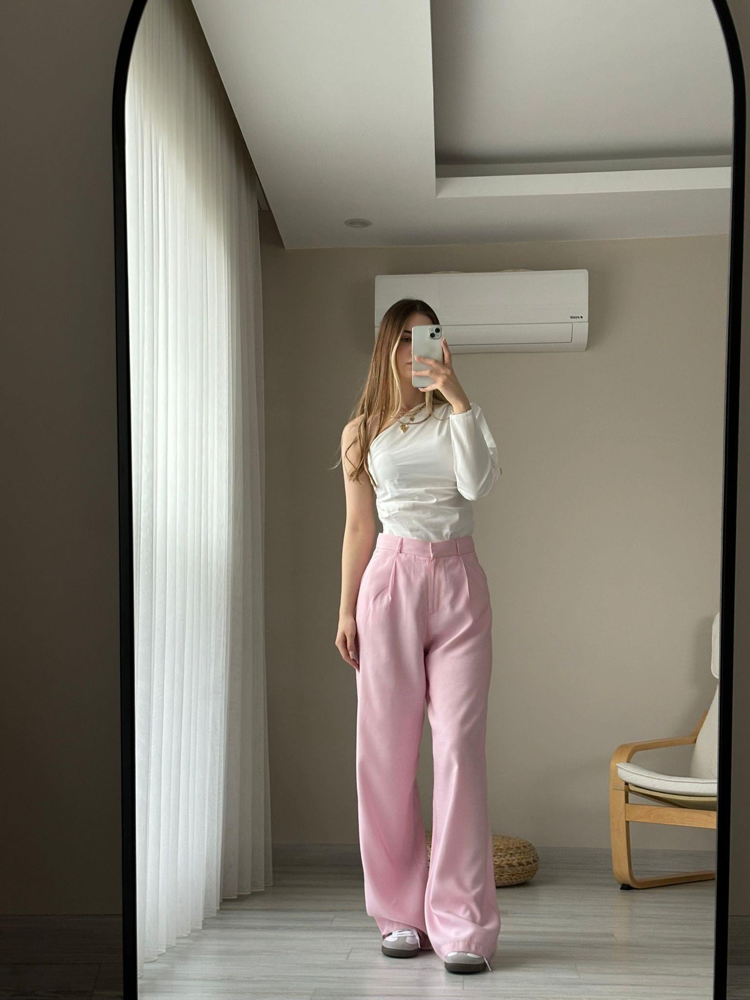 Yüksel Bel Bol Paça Pantolon Pembe