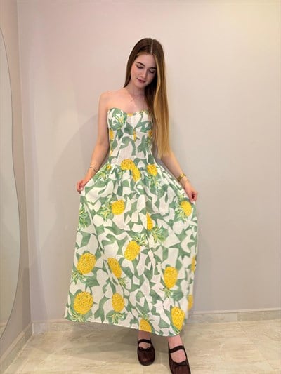 Ananas Desenli Straplez Elbise