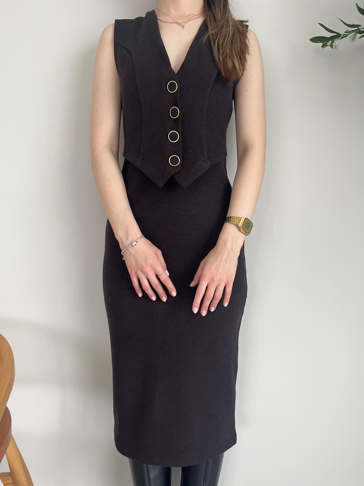 Acı Kahve Düğmeli Triko Elbise