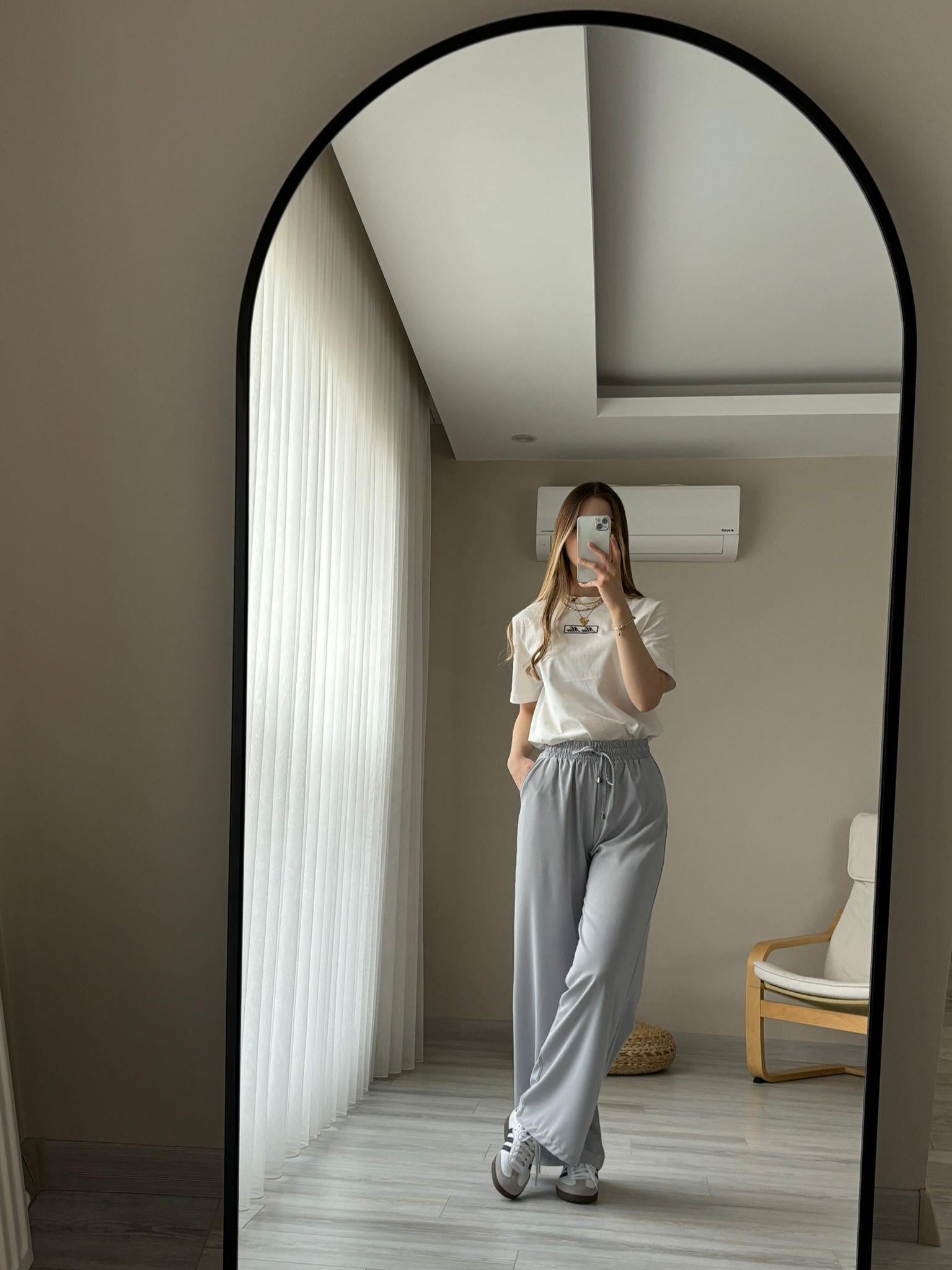 Beli Lastikli Bol Paça Pantolon Gri
