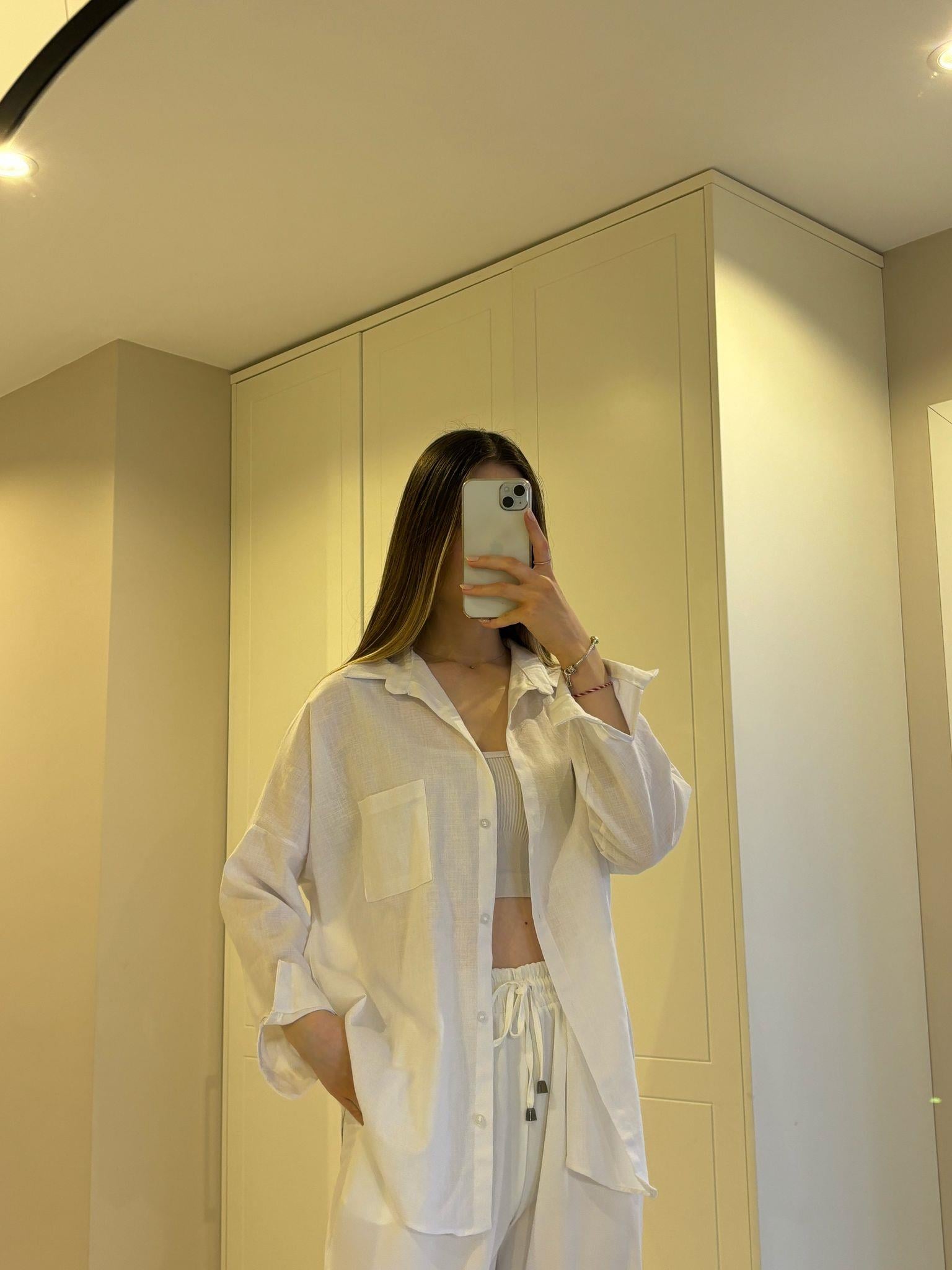 Beyaz Oversize Keten Gömlek