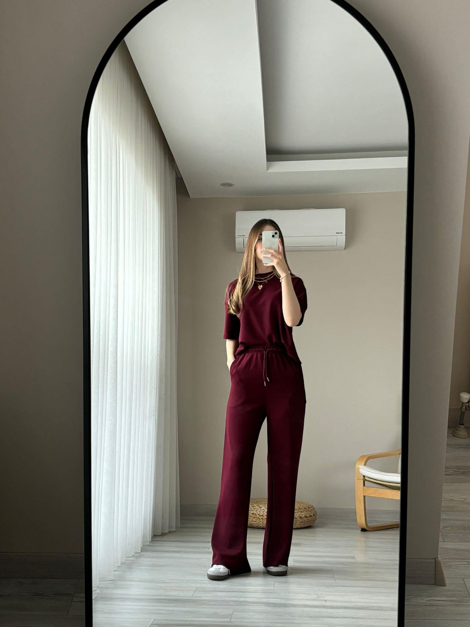 Bordo Modal Kumaş Kısa Kollu İkili Takım