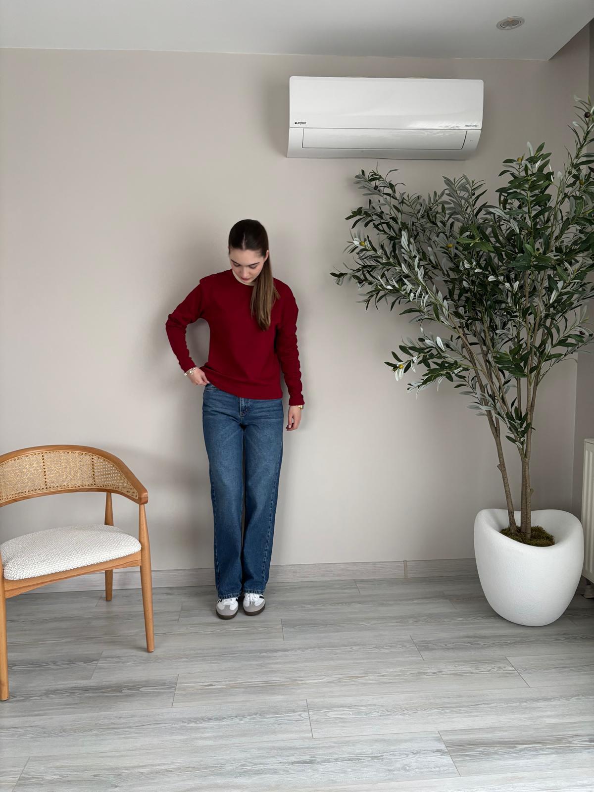 Bordo ontrast Yaka Uzun Kollu Tshirt