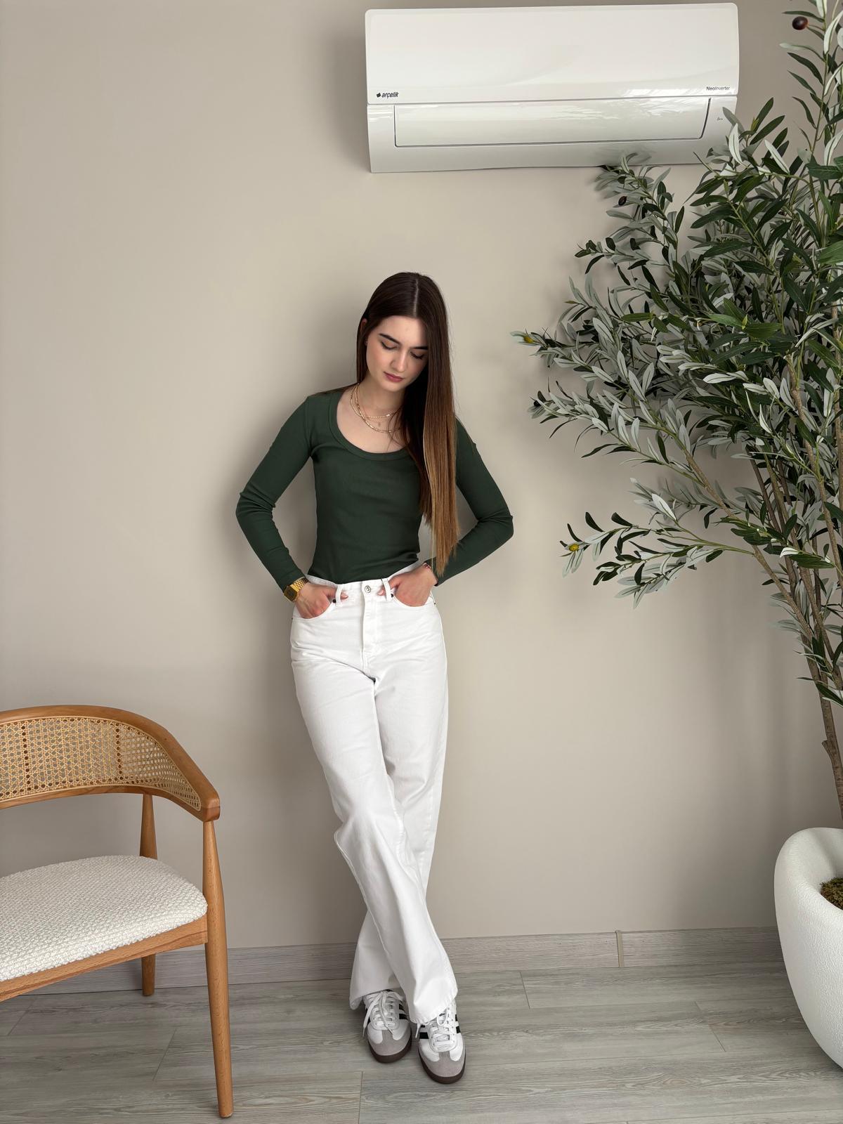 Haki U Yaka %100 Pamuklu Likralı Basic Body