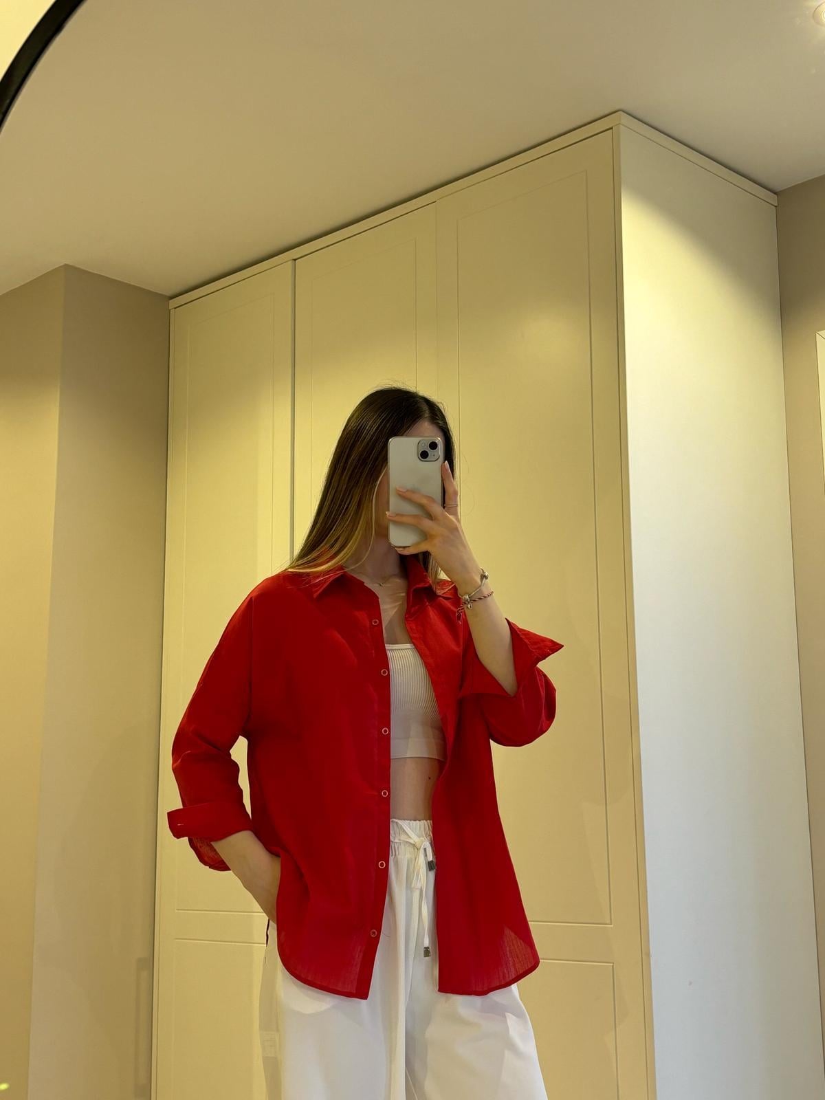 Kırmızı Oversize Keten Gömlek