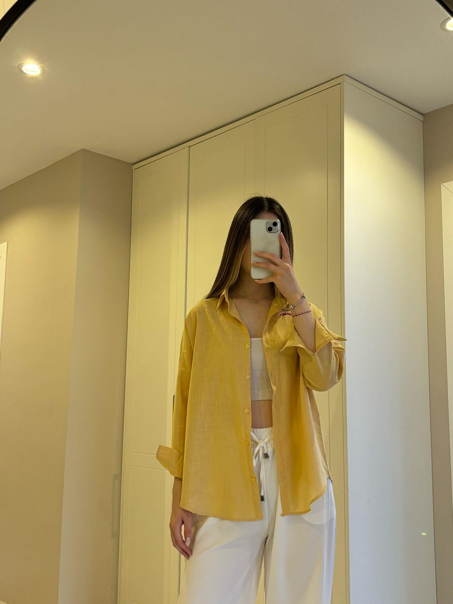 Sarı Oversize Keten Gömlek