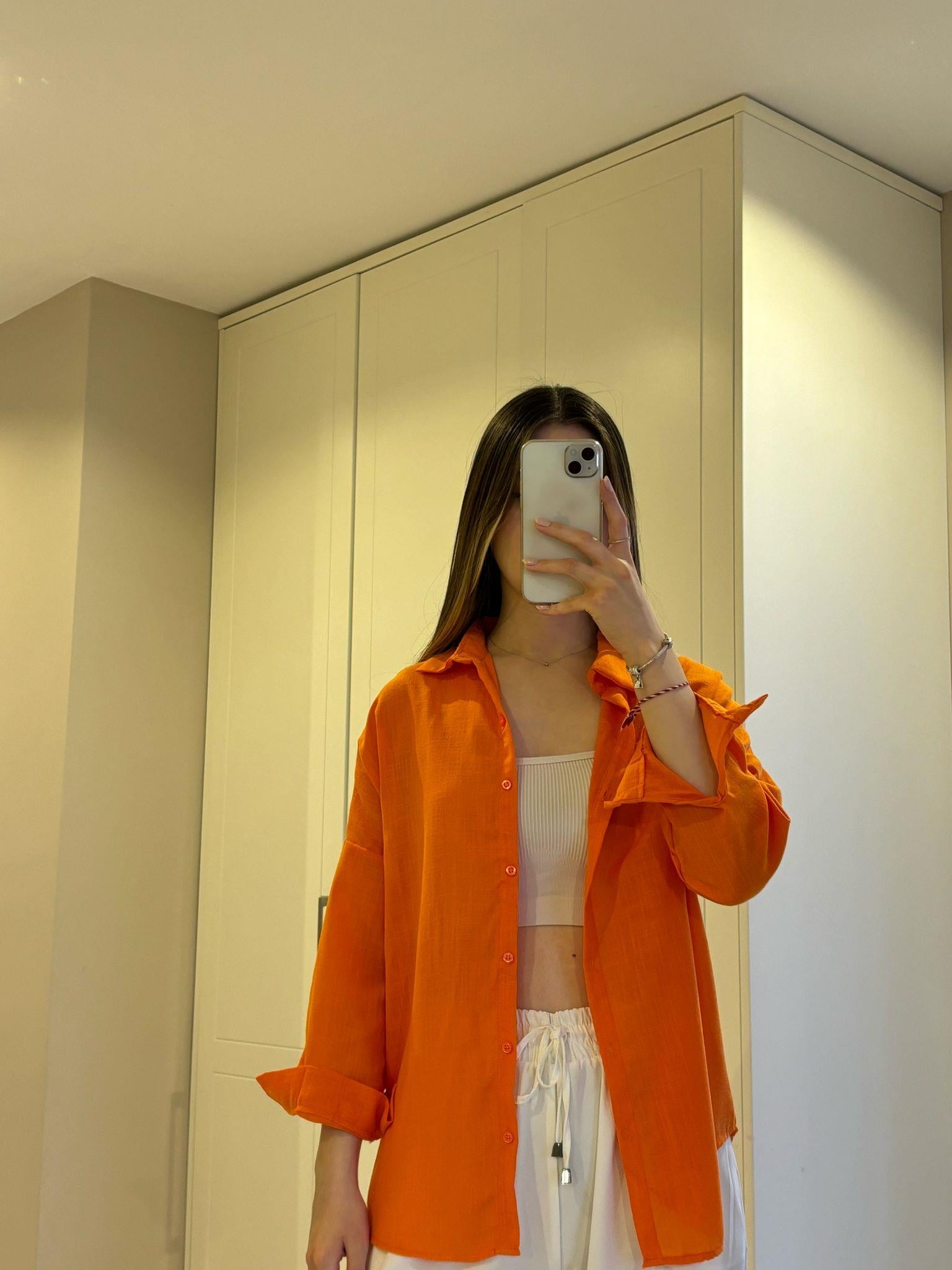 Turuncu Oversize Keten Gömlek