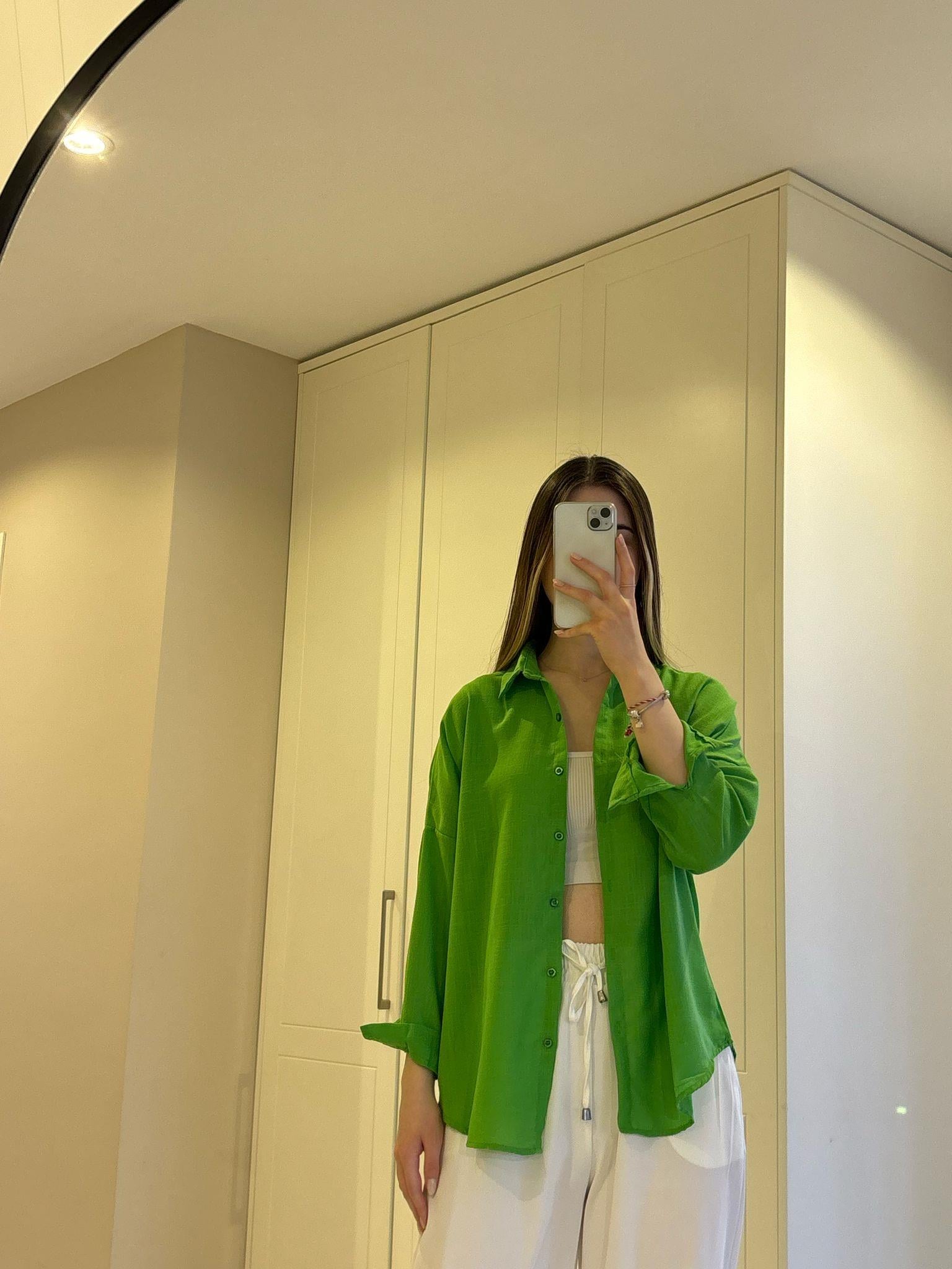 Yeşil Oversize Keten Gömlek 