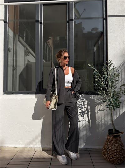 Antrasit Dokulu Likralı Casual Takım