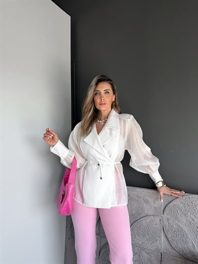 Beyaz Manşet Kollu Tül Ceket
