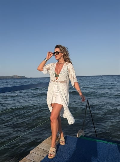 Beyaz Motifli Bohem Kimono 