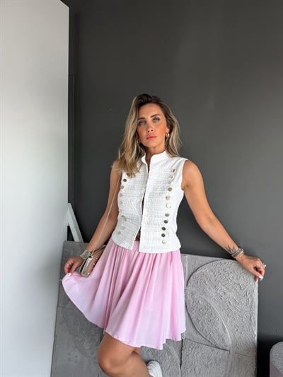 Beyaz Napolyon Düğmeli Kot Yelek