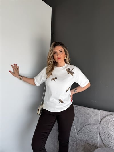 Beyaz Yusufçuk İşlemeli Cotton Tshirt