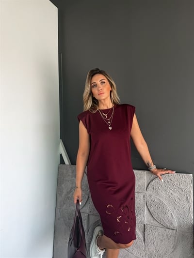 Bordo Etek Ucu Nakışlı Vatkalı Modal Elbise