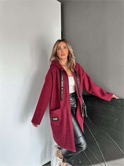 Bordo Kapşonlu Dance Yazılı Kaban