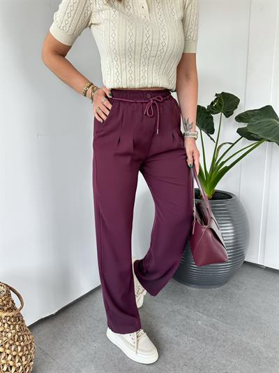 Bordo Pensli Beli İpli Pantolon