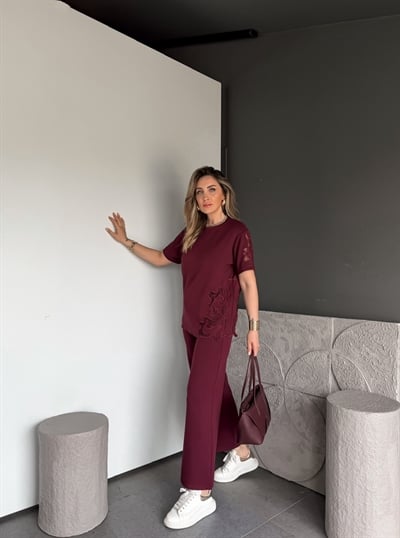 Bordo Tek Yanı Nakışlı Modal Takım