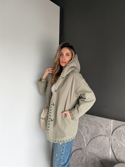 Haki Fisto Şeritli Kapşonlu Trençkot