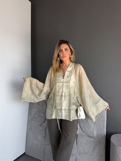 Haki İp Bağcıklı Brodeli Kimona