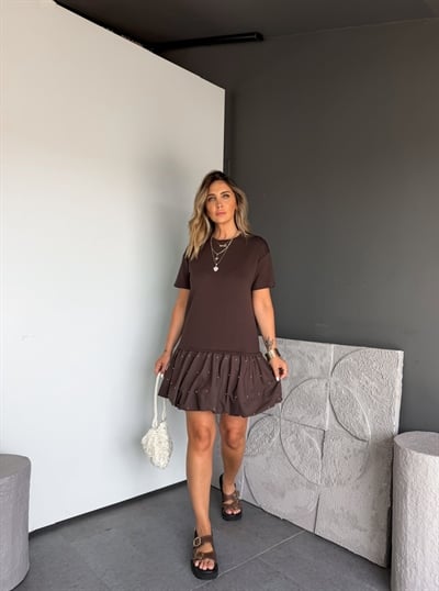 Kahve Balon Etekli İncili Elbise