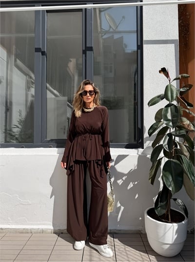 Kahve Beli İpli Asimetrik Bluzlu Takım