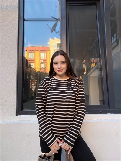 Kahve Çizgili Cotton Oversize T-Shirt