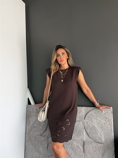 Kahve Etek Ucu Nakışlı Vatkalı Modal Elbise