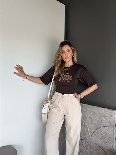 Kahve Fil Nakışlı Cotton Tshirt
