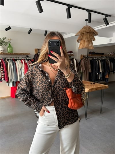 Kahve Leopar Desenli Cotton Gömlek