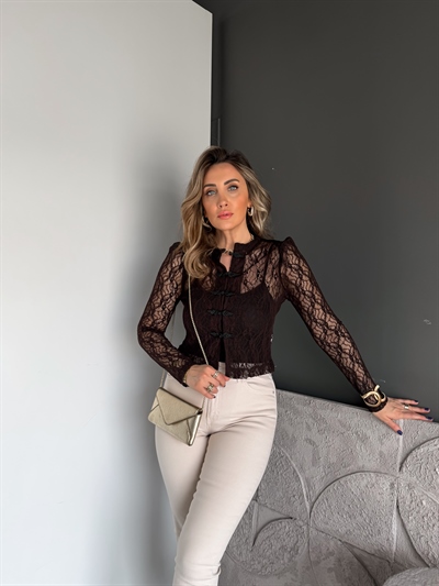 Kahve Napolyon Düğmeli Dantel Bluz