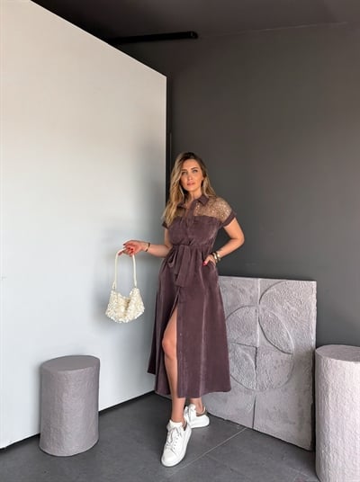 Kahve Omuzları Fileli Ve Pullu Tasarım Elbise