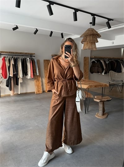 Kahve Süet Dokulu Beli Büzgü İpli Takım