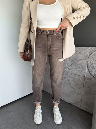 Kahve Yırtık Parçalı Mom Jean