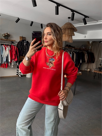 Kırmızı Ayıcık Figürlü Orijinal Sweatshirt