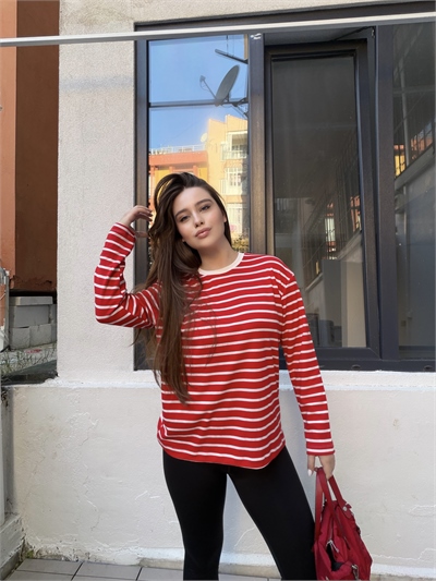 Kırmızı Çizgili Cotton Oversize T-Shirt