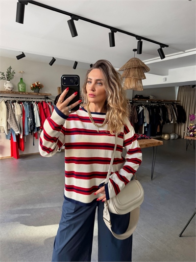 Kırmızı Krem Çizgili İnce Basic Kazak
