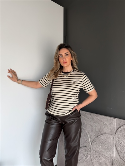 Krem Çizgili Cotton Ami Tshirt