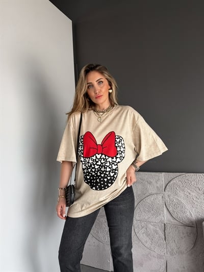 Krem Minie Fiyonklu Yıkamalı Tshirt