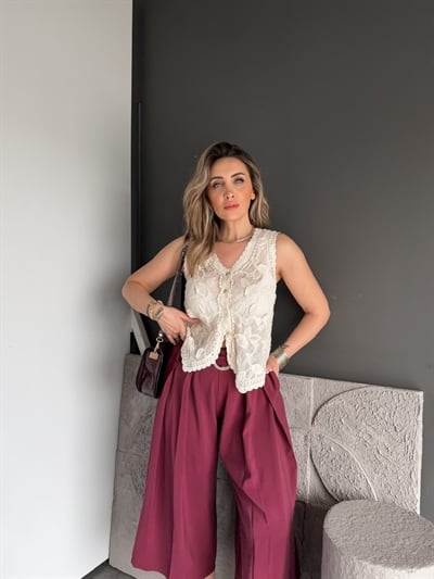 Krem Nakışlı Fistolu Yelek