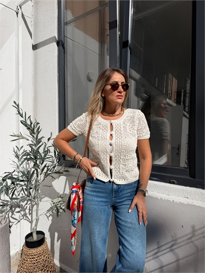 Krem Orijinal Crochet Hırka