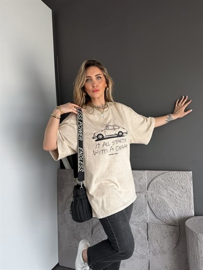 Krem Starts Arabalı Yıkamalı Tshirt