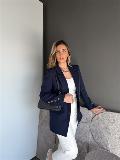 Lacivert Asimetrik Düğmeli Blazer Ceket