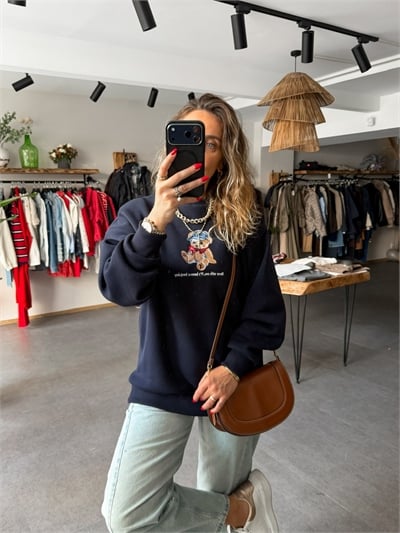 Lacivert Ayıcık Figürlü Orijinal Sweatshirt