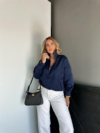 Lacivert Fermuarlı Ribanalı Orijinal Sweatshirt