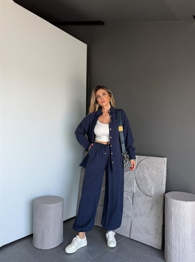 Lacivert Gold Düğmeli Şalvarlı Takım