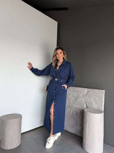 Lacivert Kemerli Çıtçıtlı Gömlek Elbise