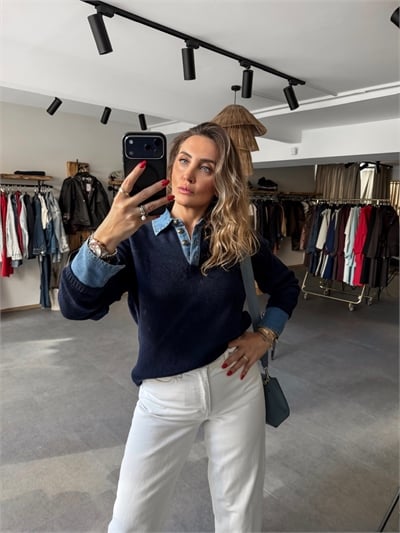 Lacivert Mavi Kot Parçalı Kazak