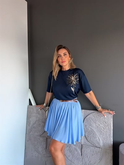Lacivert Pul Çiçekli Marka Model Tshirt