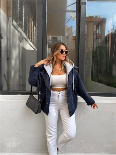Lacivert Sweat Detaylı Kapşonlu Kaban
